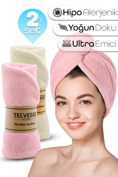 2li Set Mikrofiber Saç Havlusu Plaj Deniz Havuz Bonesi Banyo Saç Kurutma Baş Havlusu Krem-Pembe ürün görseli 1