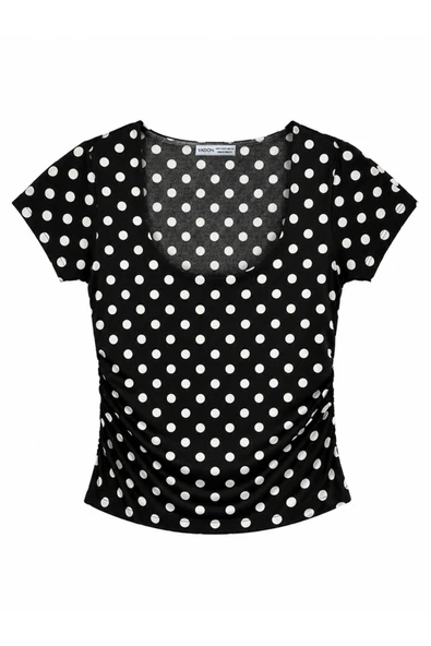 1004 Kadın Pamuklu Kare Yaka Puantiyeli Yan Büzgü Detaylı Crop T-Shirt Bluz Siyah ürün görseli 1