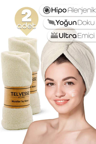 2 Adet Mikrofiber Saç Havlusu Lastikli Plaj Deniz Havuz Bonesi Banyo Saç Kurutma Baş Havlusu Krem ürün görseli 1
