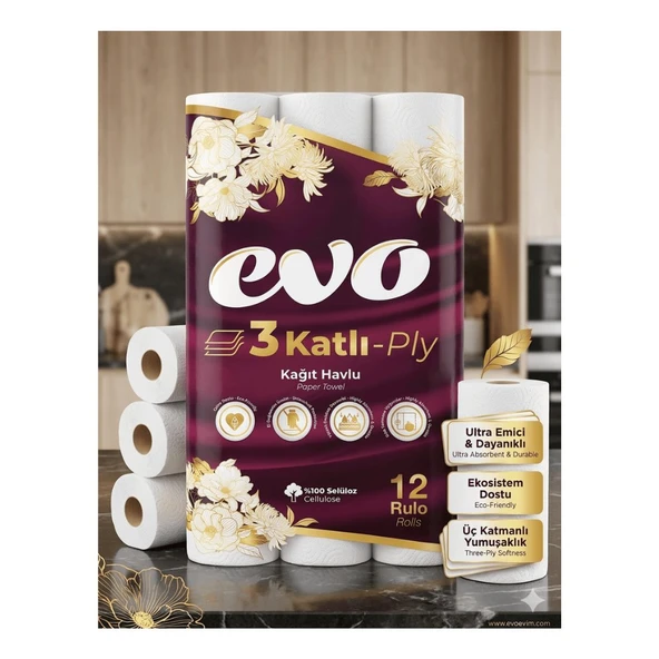 Evo 3 Katlı Kağıt Havlu 12'li Rulo - %100 Selüloz Ultra Emici ve Dayanıklı ürün görseli 1