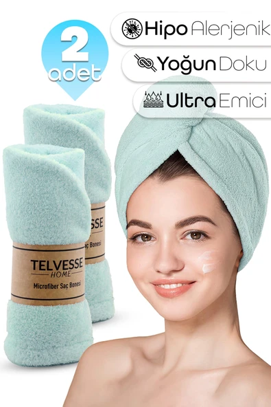 2 Adet Mikrofiber Saç Havlusu Lastikli Plaj Deniz Havuz Bonesi Banyo Saç Kurutma Baş Havlusu Turkuaz ürün görseli 1