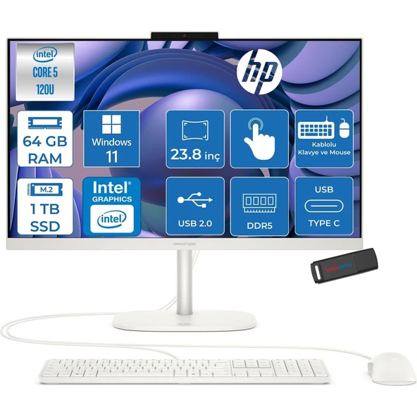 Omnistudio 24-CU0017NT Intel Core 5 120U 5.0 Ghz 64GB Ddr5 1tb SSD Windows 11 Home Dokunmatik 23.8" Fhd (1920 x 1080) 75HZ Wled IPS Beyaz All In One Bilgisayar HPD62KVEAH22+ Zetta Bellek ürün görseli 1