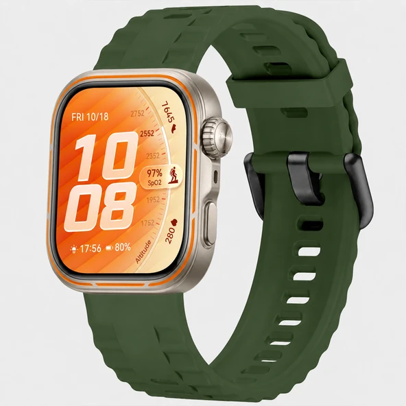 Huawei Watch Fit 5 Pro İle Uyumlu Tırtıklı Metal Tokalı Spor Silikon Kordon  Haki ürün görseli 1