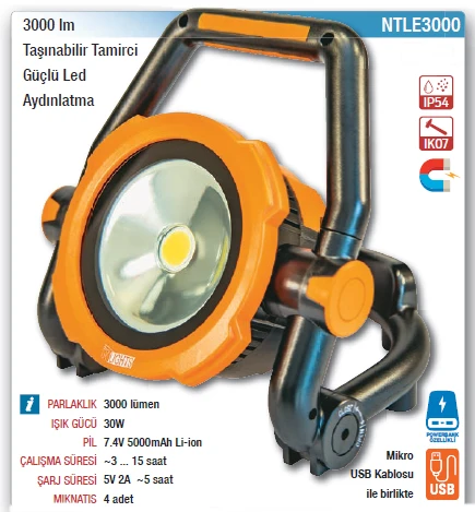 NTLE3000 3000LM TAŞINABİLİR TAMİRCİ GÜÇLÜ LED AYDINLATMA ürün görseli 1
