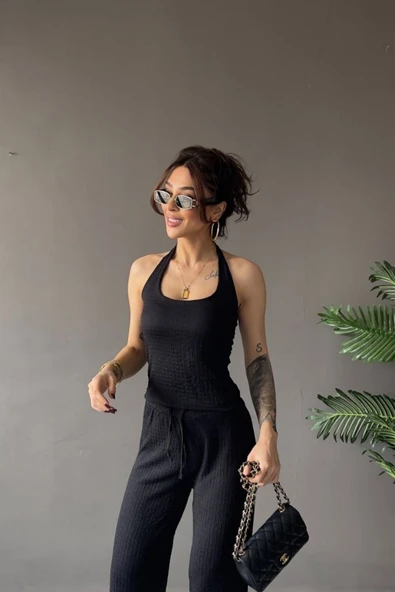 1010 Kadın Bürümcük Dokulu Halter Yaka Crop Atlet Bol Paça Pantolon Takım Siyah ürün görseli 1