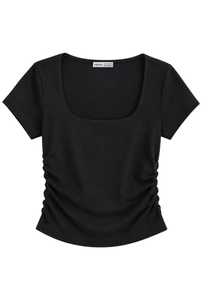 1006 Kadın Pamuklu Kare Yaka Yan Büzgü Detaylı Basic Crop T-Shirt Bluz Siyah ürün görseli 1
