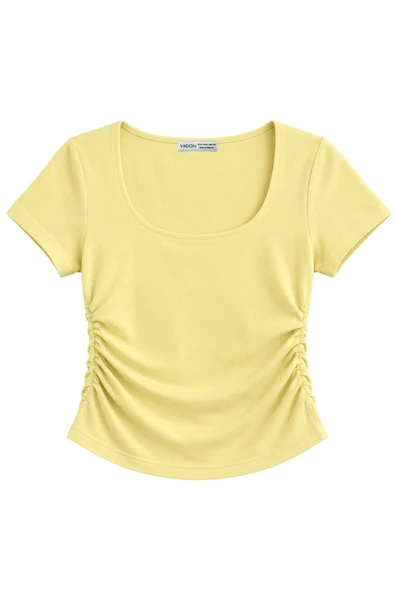 1006 Kadın Pamuklu Kare Yaka Yan Büzgü Detaylı Basic Crop T-Shirt Bluz Tereyağı Sarısı ürün görseli 1