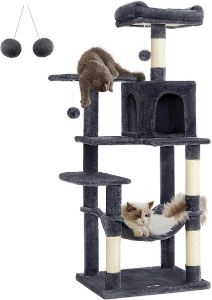 Feandrea PCT161G01 tırmalama ağacı, 143 cm yüksekliğinde, kedi ağacı, çok katlı kedi evi, 4 tırmalama sütunu, 2 platform, hamak, mağara, duman grisi Outlet ürün görseli 1