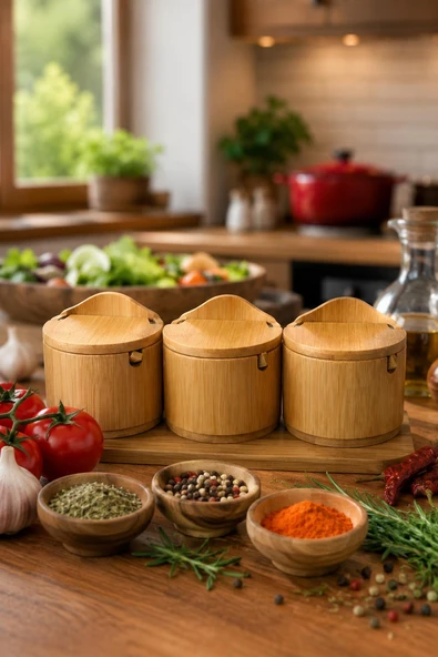 3'lü Kaşıklı Bambu Baharatlık Seti Kapaklı Saklama Kabı Kahve Şeker Tuz Kuruyemiş Organizer Şekerlik ürün görseli 1