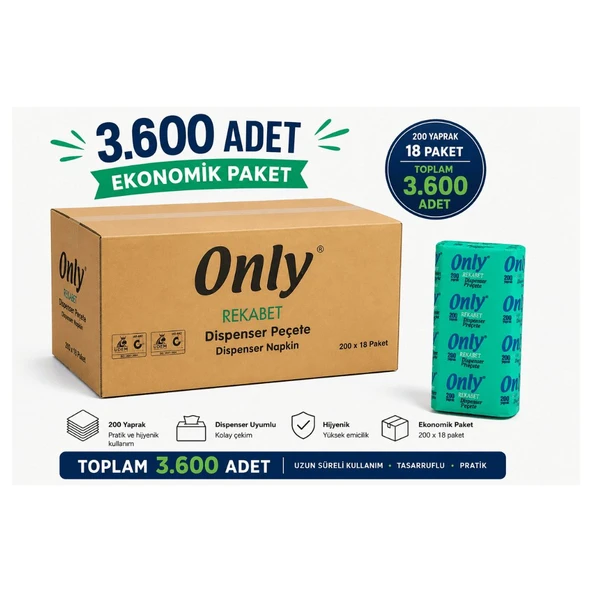 Only Dispenser Peçete Masa Üstü Aparat Uyumlu 3.600 Adet (18 Paket) ürün görseli 1