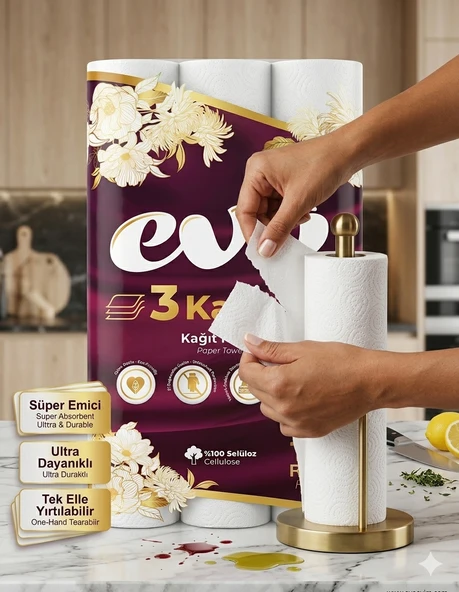 Evo 3 Katlı Kağıt Havlu 12'li Rulo - %100 Selüloz Ultra Emici ve Dayanıklı ürün görseli 1