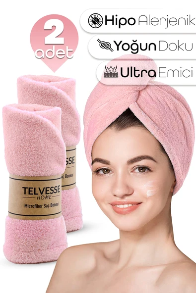 2 Adet Mikrofiber Saç Havlusu Lastikli Plaj Deniz Havuz Bonesi Banyo Saç Kurutma Baş Havlusu Pembe ürün görseli 1
