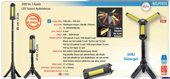 NTLP7073 2000LM 3 AYAKLI LED TAMİRCİ AYDINLATMASI ürün görseli 1