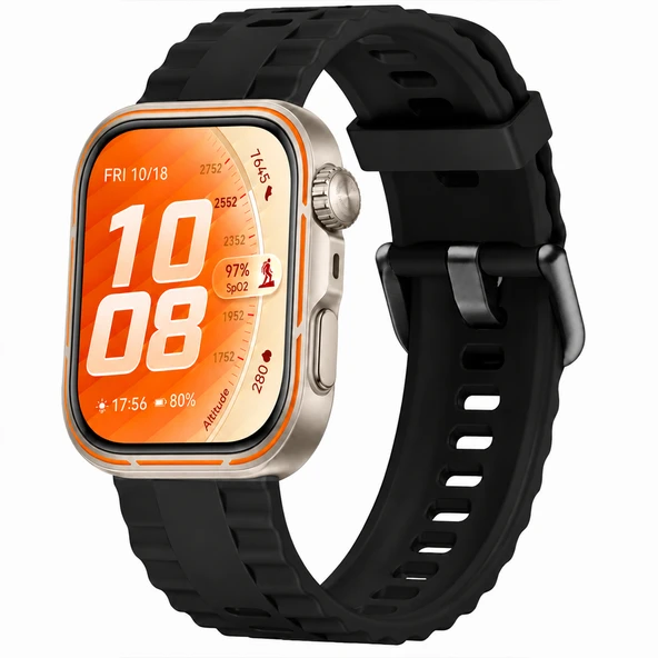 Huawei Watch Fit 5 Pro İle Uyumlu Tırtıklı Metal Tokalı Spor Silikon Kordon  Siyah ürün görseli 1