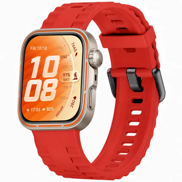Huawei Watch Fit 5 Pro İle Uyumlu Tırtıklı Metal Tokalı Spor Silikon Kordon  Kırmızı ürün görseli 1