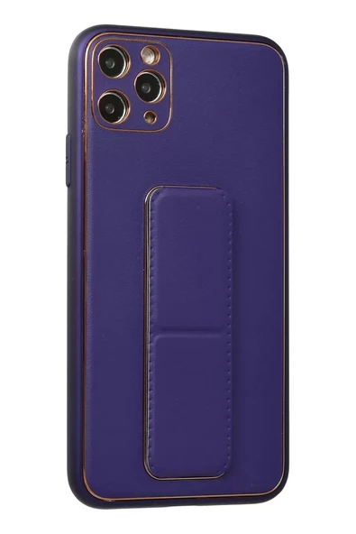 Newface Apple iPhone 11 Pro Max Kılıf Coco Deri Standlı Kapak - Mor - Resim 2