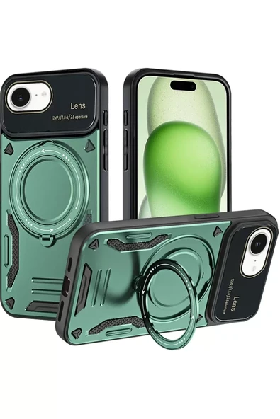 Newface Apple iPhone 16E Kılıf Joy Lens Standlı Kapak - Koyu Yeşil ürün görseli 1