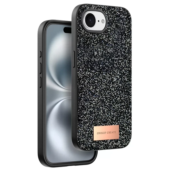 Onegif Apple iPhone 16E Bright Simli Kapak - Siyah - Resim 3