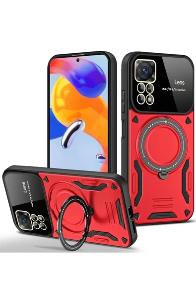 Newface Xiaomi Redmi Note 11 Pro Kılıf Joy Lens Standlı Kapak - Kırmızı ürün görseli 1