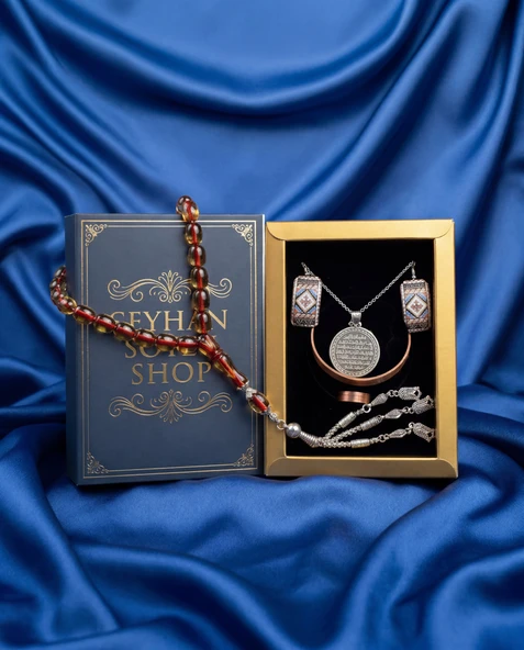 Seyhan Soylu Shop - Özel Tasarım Kitap Kutulu Kadın Bakır Takı Seti Ve Tesbih Kombini - Kolye Küpe Bileklik Yüzük 5 Parça Otantik Şık Hediyelik - Doğum Günü Yıl Dönümü Anneler Günü ürün görseli 1