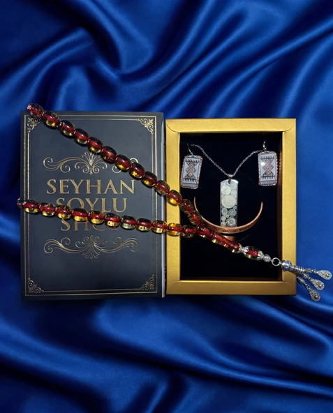 Seyhan Soylu Shop - Özel Tasarım Kitap Kutulu Kadın Bakır Takı Seti Ve Tesbih Kombini - Kolye Küpe Bileklik Yüzük 5 Parça Otantik Şık Hediyelik - Doğum Günü Yıl Dönümü Anneler Günü ürün görseli 1