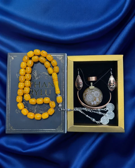 Seyhan Soylu Shop - Özel Tasarım Kitap Kutulu Kadın Bakır Takı Seti Ve Tesbih Kombini - Kolye Küpe Bileklik Yüzük 5 Parça Otantik Şık Hediyelik - Doğum Günü Yıl Dönümü Anneler Günü ürün görseli 1