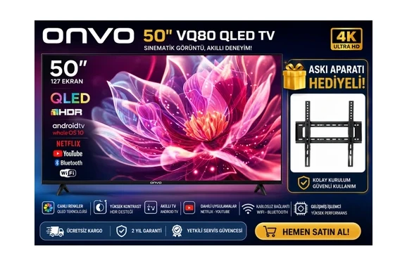 ONVO 50" 50VQ80F2FA QLED TV 127 EKRAN I SMART TV I ASKİ APARATI HEDİYE I FIRSAT ÜRÜNÜ ürün görseli 1