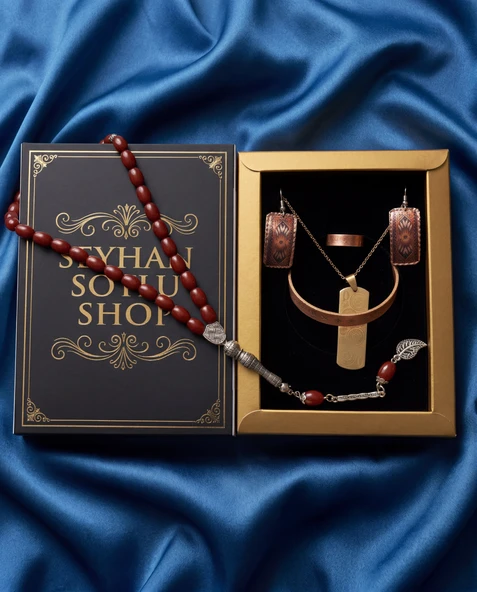 Seyhan Soylu Shop - Özel Tasarım Kitap Kutulu Kadın Bakır Takı Seti Ve Tesbih Kombini - Kolye Küpe Bileklik Yüzük 5 Parça Otantik Şık Hediyelik - Doğum Günü Yıl Dönümü Anneler Günü ürün görseli 1
