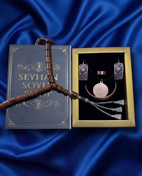 Seyhan Soylu Shop - Özel Tasarım Kitap Kutulu Kadın Bakır Takı Seti Ve Tesbih Kombini - Kolye Küpe Bileklik Yüzük 5 Parça Otantik Şık Hediyelik - Doğum Günü Yıl Dönümü Anneler Günü ürün görseli 1