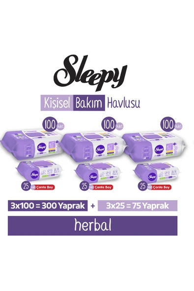 Sleepy Herbal Kişisel Bakım Havlusu 3x100 (300 Yaprak) + Çanta Boy 3x25 (75 Yaprak) ürün görseli 1