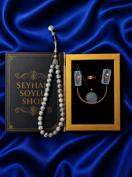 Seyhan Soylu Shop - Özel Tasarım Kitap Kutulu Kadın Bakır Takı Seti Ve Tesbih Kombini - Kolye Küpe Bileklik Yüzük 5 Parça Otantik Şık Hediyelik - Doğum Günü Yıl Dönümü Anneler Günü ürün görseli 1