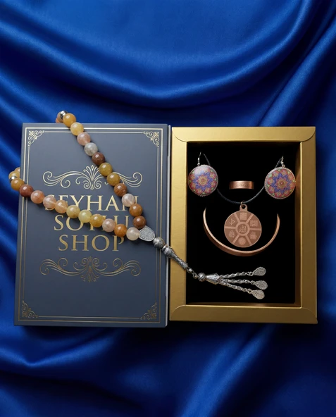 Seyhan Soylu Shop - Özel Tasarım Kitap Kutulu Kadın Bakır Takı Seti Ve Tesbih Kombini - Kolye Küpe Bileklik Yüzük 5 Parça Otantik Şık Hediyelik - Doğum Günü Yıl Dönümü Anneler Günü ürün görseli 1