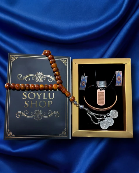 Seyhan Soylu Shop - Özel Tasarım Kitap Kutulu Kadın Bakır Takı Seti Ve Tesbih Kombini - Kolye Küpe Bileklik Yüzük 5 Parça Otantik Şık Hediyelik - Doğum Günü Yıl Dönümü Anneler Günü ürün görseli 1