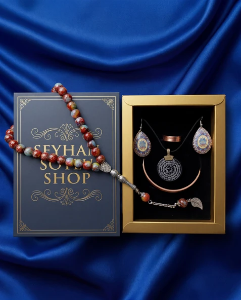 Seyhan Soylu Shop - Özel Tasarım Kitap Kutulu Kadın Bakır Takı Seti Ve Tesbih Kombini - Kolye Küpe Bileklik Yüzük 5 Parça Otantik Şık Hediyelik - Doğum Günü Yıl Dönümü Anneler Günü ürün görseli 1