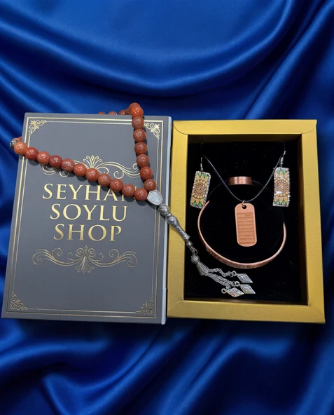 Seyhan Soylu Shop - Özel Tasarım Kitap Kutulu Kadın Bakır Takı Seti Ve Tesbih Kombini - Kolye Küpe Bileklik Yüzük 5 Parça Otantik Şık Hediyelik - Doğum Günü Yıl Dönümü Anneler Günü ürün görseli 1
