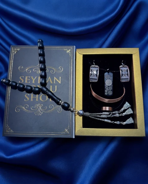 Seyhan Soylu Shop - Özel Tasarım Kitap Kutulu Kadın Bakır Takı Seti Ve Tesbih Kombini - Kolye Küpe Bileklik Yüzük 5 Parça Otantik Şık Hediyelik - Doğum Günü Yıl Dönümü Anneler Günü ürün görseli 1