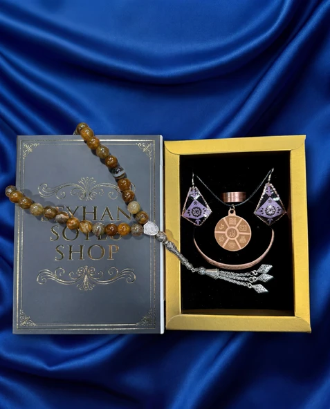 Seyhan Soylu Shop - Özel Tasarım Kitap Kutulu Kadın Bakır Takı Seti Ve Tesbih Kombini - Kolye Küpe Bileklik Yüzük 5 Parça Otantik Şık Hediyelik - Doğum Günü Yıl Dönümü Anneler Günü ürün görseli 1