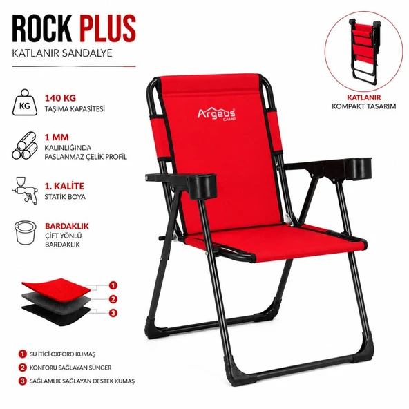 Katlanır Piknik ve Kamp Sandalyesi - Bardaklıklı - Rock Plus - Kırmızı ürün görseli 1