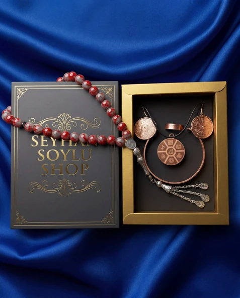 Seyhan Soylu Shop - Özel Tasarım Kitap Kutulu Kadın Bakır Takı Seti Ve Tesbih Kombini - Kolye Küpe Bileklik Yüzük 5 Parça Otantik Şık Hediyelik - Doğum Günü Yıl Dönümü Anneler Günü ürün görseli 1