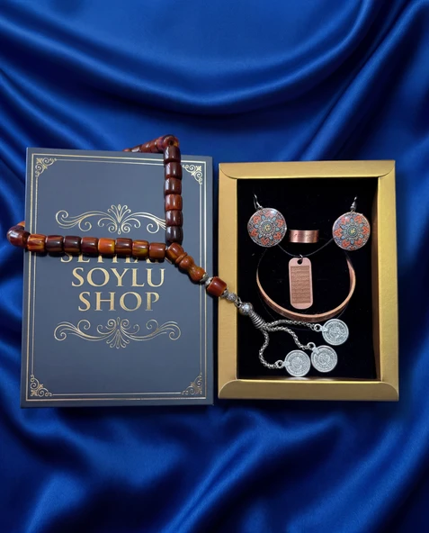 Seyhan Soylu Shop - Özel Tasarım Kitap Kutulu Kadın Bakır Takı Seti Ve Tesbih Kombini - Kolye Küpe Bileklik Yüzük 5 Parça Otantik Şık Hediyelik - Doğum Günü Yıl Dönümü Anneler Günü ürün görseli 1