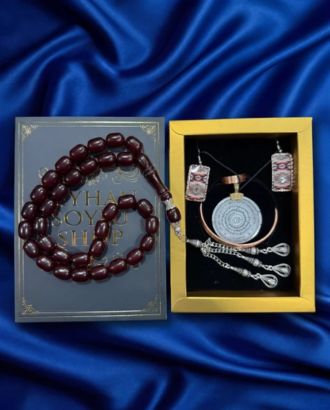 Seyhan Soylu Shop - Özel Tasarım Kitap Kutulu Kadın Bakır Takı Seti Ve Tesbih Kombini - Kolye Küpe Bileklik Yüzük 5 Parça Otantik Şık Hediyelik - Doğum Günü Yıl Dönümü Anneler Günü ürün görseli 1