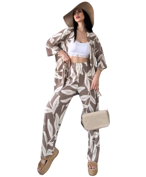 Alt Üst Takım Kimono- Desenli-Kahverengi ürün görseli 1