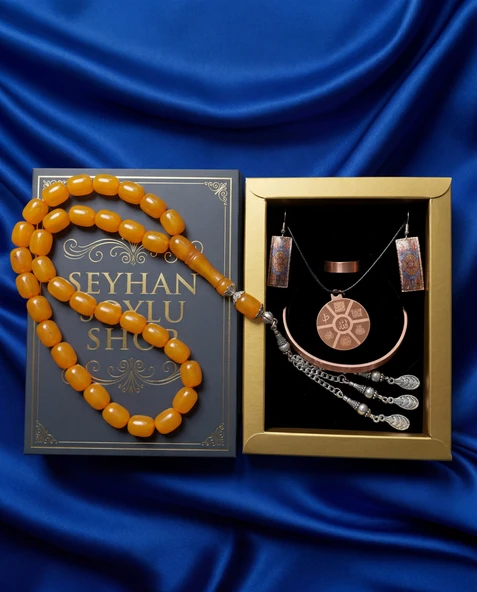 Seyhan Soylu Shop - Özel Tasarım Kitap Kutulu Kadın Bakır Takı Seti Ve Tesbih Kombini - Kolye Küpe Bileklik Yüzük 5 Parça Otantik Şık Hediyelik - Doğum Günü Yıl Dönümü Anneler Günü ürün görseli 1