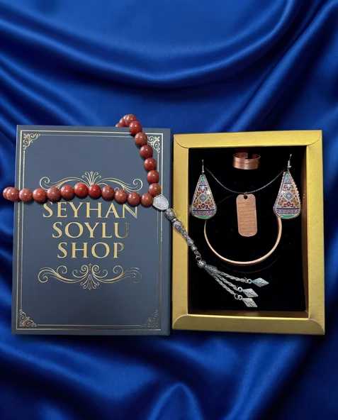 Seyhan Soylu Shop - Özel Tasarım Kitap Kutulu Kadın Bakır Takı Seti Ve Tesbih Kombini - Kolye Küpe Bileklik Yüzük 5 Parça Otantik Şık Hediyelik - Doğum Günü Yıl Dönümü Anneler Günü ürün görseli 1