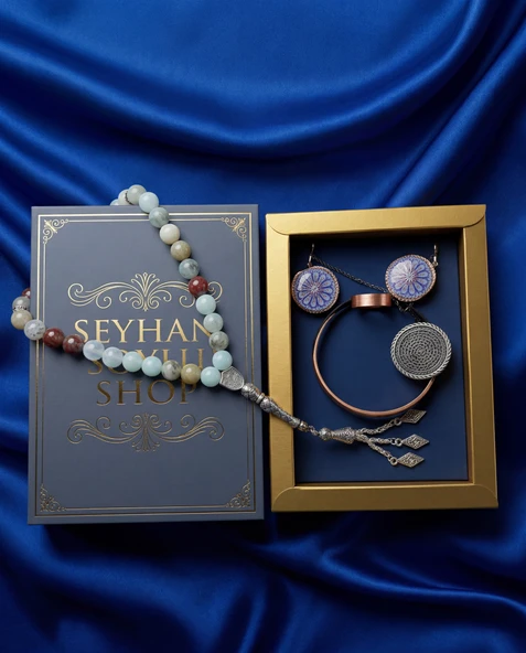 Seyhan Soylu Shop - Özel Tasarım Kitap Kutulu Kadın Bakır Takı Seti Ve Tesbih Kombini - Kolye Küpe Bileklik Yüzük 5 Parça Otantik Şık Hediyelik - Doğum Günü Yıl Dönümü Anneler Günü ürün görseli 1