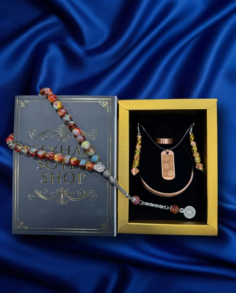 Seyhan Soylu Shop - Özel Tasarım Kitap Kutulu Kadın Bakır Takı Seti Ve Tesbih Kombini - Kolye Küpe Bileklik Yüzük 5 Parça Otantik Şık Hediyelik - Doğum Günü Yıl Dönümü Anneler Günü ürün görseli 1