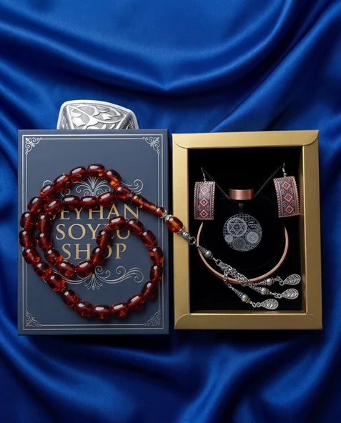 Seyhan Soylu Shop - Özel Tasarım Kitap Kutulu Kadın Bakır Takı Seti Ve Tesbih Kombini - Kolye Küpe Bileklik Yüzük 5 Parça Otantik Şık Hediyelik - Doğum Günü Yıl Dönümü Anneler Günü ürün görseli 1