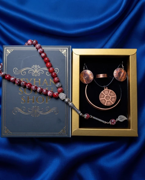 Seyhan Soylu Shop - Özel Tasarım Kitap Kutulu Kadın Bakır Takı Seti Ve Tesbih Kombini - Kolye Küpe Bileklik Yüzük 5 Parça Otantik Şık Hediyelik - Doğum Günü Yıl Dönümü Anneler Günü ürün görseli 1