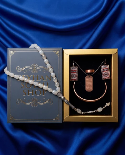 Seyhan Soylu Shop - Özel Tasarım Kitap Kutulu Kadın Bakır Takı Seti Ve Tesbih Kombini - Kolye Küpe Bileklik Yüzük 5 Parça Otantik Şık Hediyelik - Doğum Günü Yıl Dönümü Anneler Günü ürün görseli 1