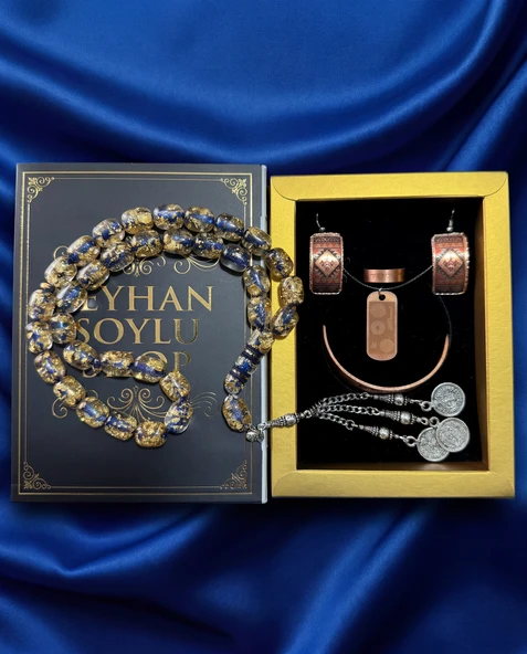 Seyhan Soylu Shop - Özel Tasarım Kitap Kutulu Kadın Bakır Takı Seti Ve Tesbih Kombini - Kolye Küpe Bileklik Yüzük 5 Parça Otantik Şık Hediyelik - Doğum Günü Yıl Dönümü Anneler Günü ürün görseli 1